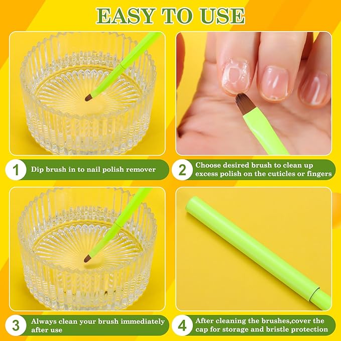 3PCS Nail Clean Up Brushes for OPI Nail Polish Remover, Brushes for Cleaning Polish Mistakes on the Cuticles, Acetone Resistant Nail Brush for Nail Art and Designs（Fluorescent Green ）