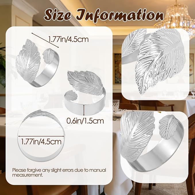Napkin Rings Set of 6 Silver Napkin Holder Buckles | Leaf Shaped Napkin Ring - Image 7