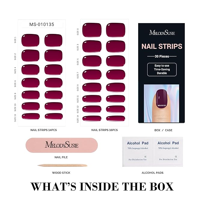 MelodySusie 30PCS Semi Cured Gel Nail Strips, Wine Red, Salon Quality, Long Lasting, Easy to Apply, Includes 2 Prep Pads, Nail File and Wooden Stick