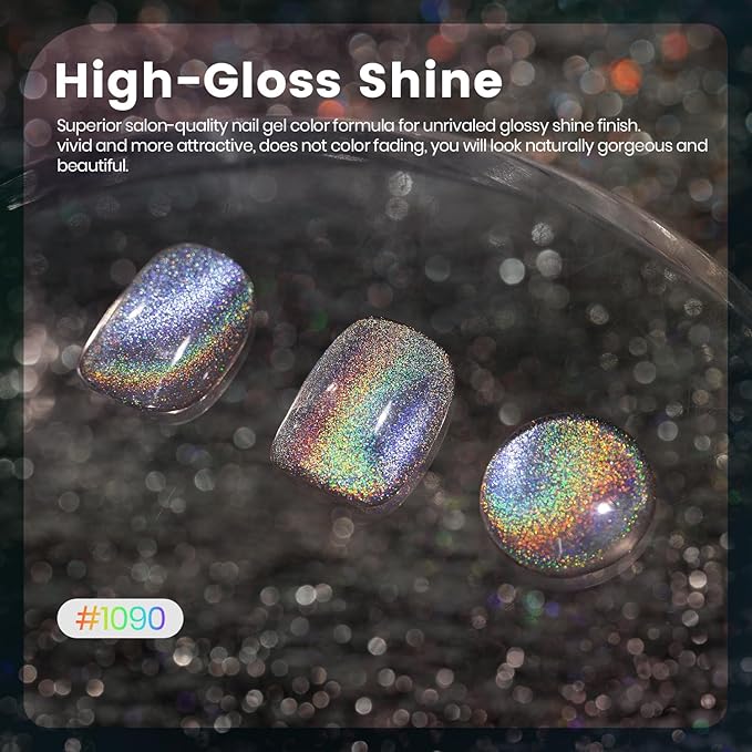 RARJSM Holographic Rainbow Aurora Cat Eye Gel Nail Polish Blue Purple Laser Iridescent Glitter Sparkle Cat Eye Gel Polish with Magnet Stick Soak off UV LED Curing Requires Home Salon Diy Nail Art