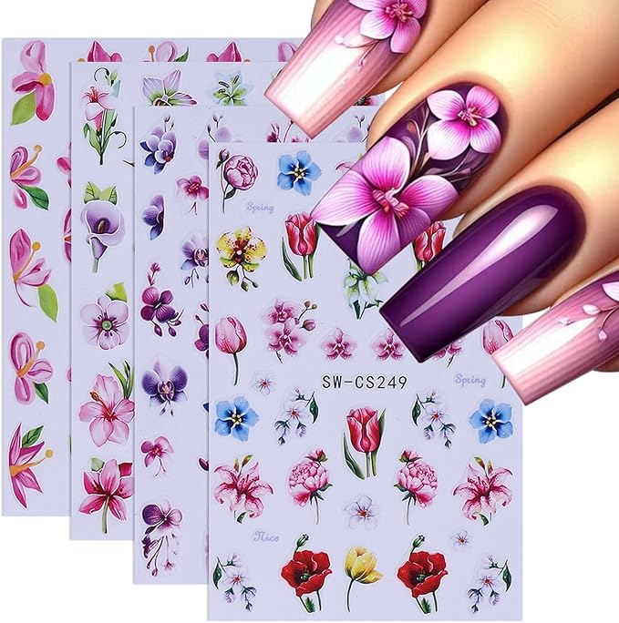 Flower Petal Nail Art Sticker 12 PCS Simple French Floral Nail Decals Lily Orchid Leaves Flamingo Designs with Tweezers Hot Pink Blue Purple Green Flower Sliders Nail Art Decoration DIY Accessories