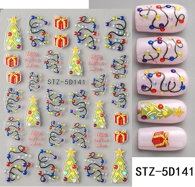 Christmas Nail Art Stickers 5D Self -Adhesive Relief Three-Dimensional Light String Nail Decals Holographic Christmas Tree Gift Nail Stickers Festival Nail Decoration for Women Manicure Supplies