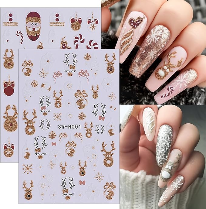 Christmas Nail Art Stickers Decals 3D Elk Christmas Tree Snowman Santa Claus Snowflakes Self-Adhesive Nail Decals Supply Xmas Nail Stickers for Women DIY Winter Holiday Nails Decoration 8 Sheets