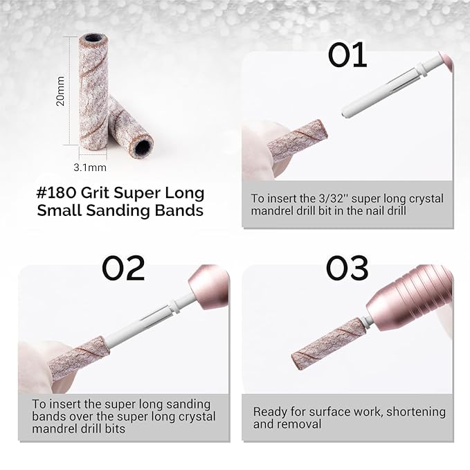 MelodySusie 50 Pcs Nail Drill Bits Super Long Small Sanding Bands with 3.1mm Crystal Mandrel Bit, 180 Fine Grit Nail File for Acrylic Nails Gel Manicures and Pedicure, Zebra