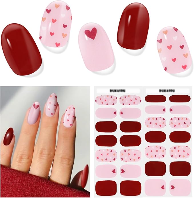 Semi Cured Gel Nail Strips, 28 pcs UV Gel Nail Stickers for Women Wedding Party, Work with Any UV Lamp, Long Lasting Nail Wraps for Home DIY Nails Art (Lover's Love)