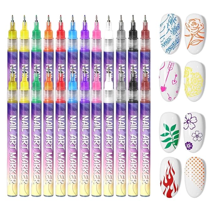 12 Colors Nail Art Pens Set, 2026 New Nail Art Markers for Gel Nails, 3D Nail Polish Pens Quick Drying Graffiti Dotting Point Liner Pens Acrylic Paint Pens Kit for DIY Nail Art (2 Set)