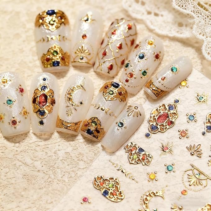 5D Embossed Nail Sticker Gold Metal Gem Moon Nail Art Sticker Self Adhesive Nail Decals Colorful Gems Nail Art for Women Girls Manicure Supplies DIY Nails Art Decorations