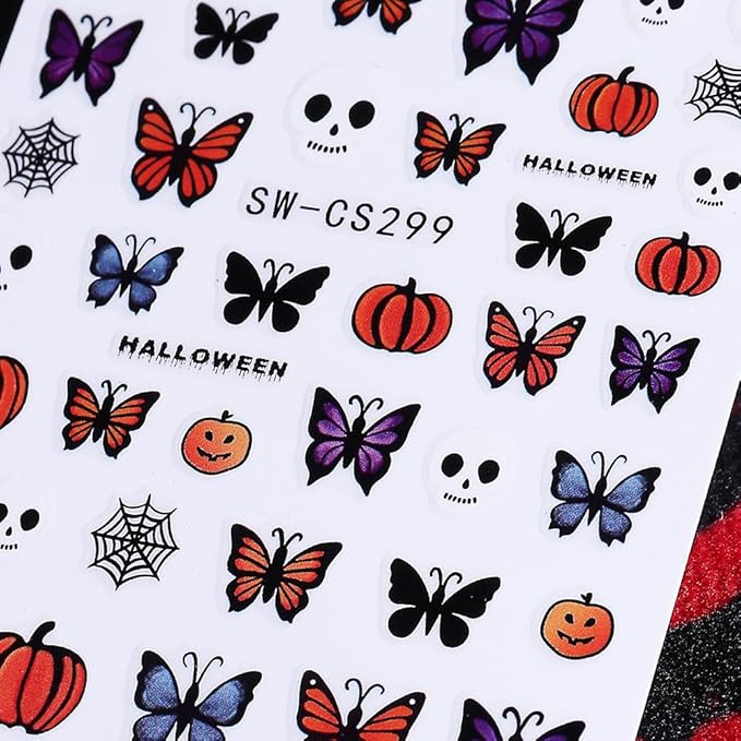 Halloween Nail Art Stickers Decals Skull Bat 3D Self-Adhesive Nail Decals Nail Art Supplies 6PCS Spider Web Butterfly Pumpkin Halloween Nails Design Manicure Sliders for Women DIY Nail Decorations