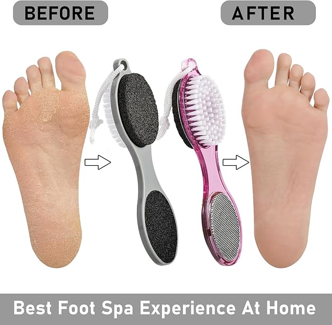 Pumice Stone Brush for Feet 4 in 1, Foot File Callus Remover, Foot Rasp and Sand Paper Pedicure Tools with Handle, Shower Foot Scrubber, Soft Smooth Feet for Home Foot Care,2 Pack