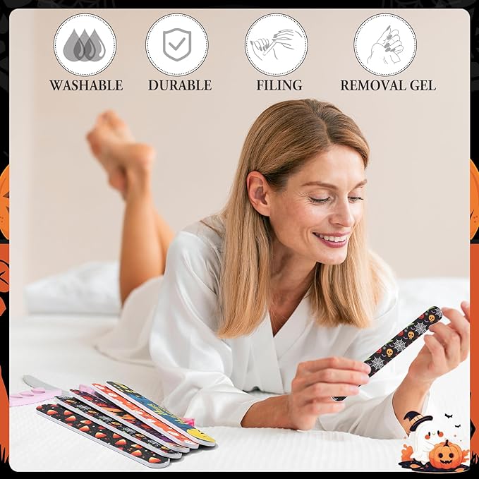 100 Pcs Halloween Nail Files Gift for Women 7 Inch Large Emery Board Nail File for Natural Nails Double Sided 180 Grit Pumpkin Bat Spider Skull Emery Board Manicure Tools for Party Supplies
