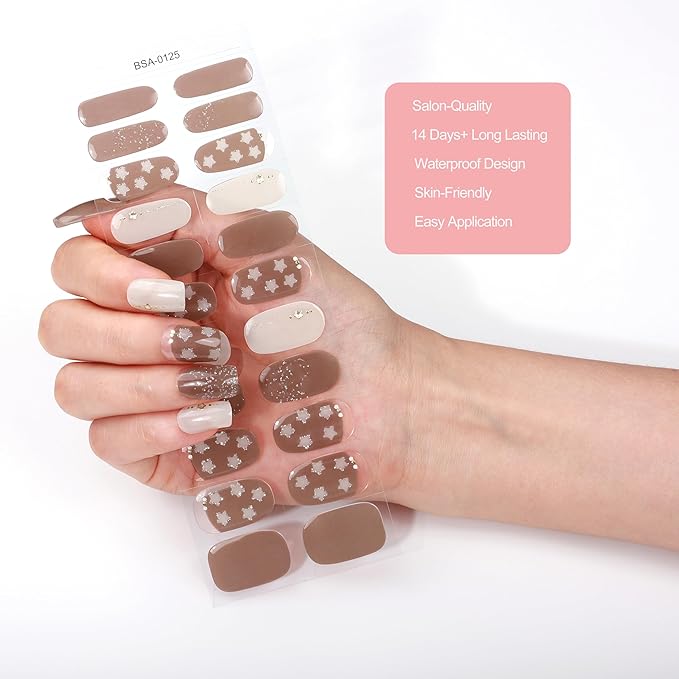 No Lamp Gel Nail Strips 22 Pcs Wraps - Taupe, Easy Apply Gel Nail Stickers Long Lasting, Salon-Quality, 2 Prep Pads, 1 File, 1 Wooden Stick