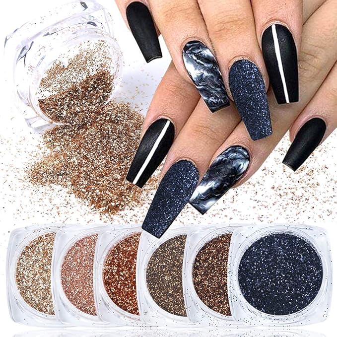 6 Boxes Holographic Sugar Glitter Nail Art Sequins Kits 3D Metallic Shining Flakes Acrylic Powder Dust for Women Nails Design Manicure Decorations
