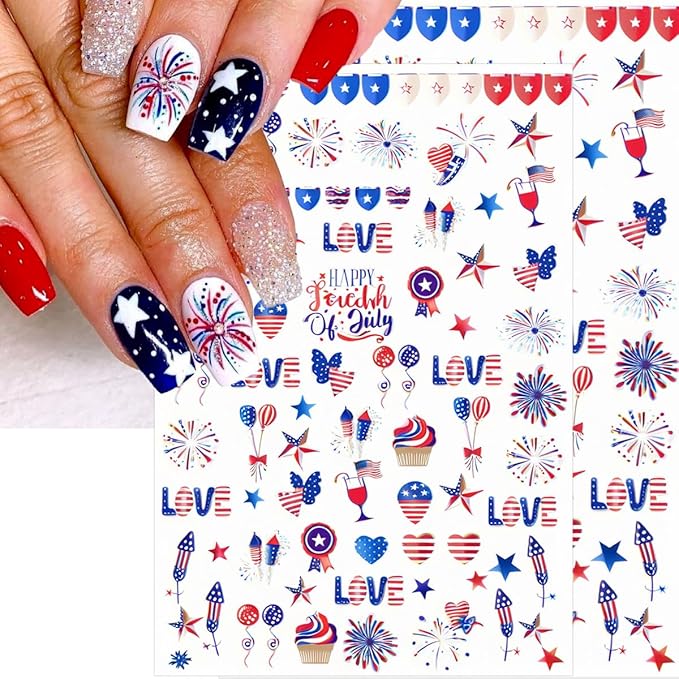 6 Sheets 4th of July Nail Stickers for Nail Art 3D Self-Adhesive Independence Day Nail Decals Star Heart American Flag Nail Design Stickers Patriotic Nail Decor for Women Holiday Nail Art Supplies
