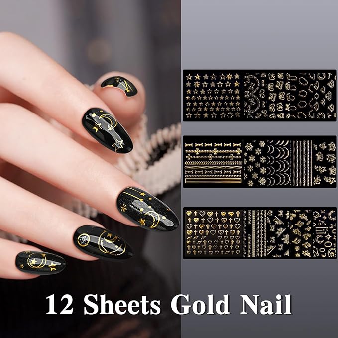 6 Boxes Nails Charms, 15 Sheets Gold Stickers, Shiny Colorful Nail Art Rhinestones Kit, 3D Nail Gems, Decals, Stickers and Pearls, Dotting Tools, DIY Accessories, Nails Decoration