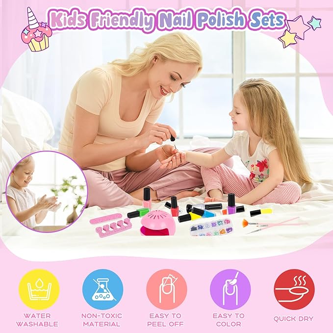 Kids Nail Polish Set for Girls, 28Pcs Nail Art Kit with Nail Dryer, Non-Toxic Peel-Off Water-Based Nail Polish Christmas Birthday Gifts Toddlers Kids Girls Toys Ages 8 9 10+