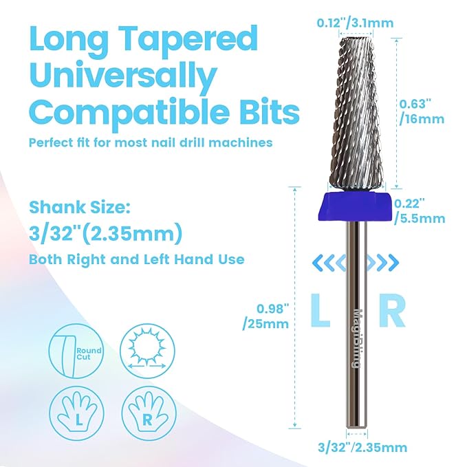 16mm 5 in 1 Tapered Barrel Nail Drill Bits, 3/32'' Safety Tungsten Carbide Bits, Right & Left Rotation, Manicure Cuticle Gel Acrylic Removal Polishing, Technicians Bits, Medium.