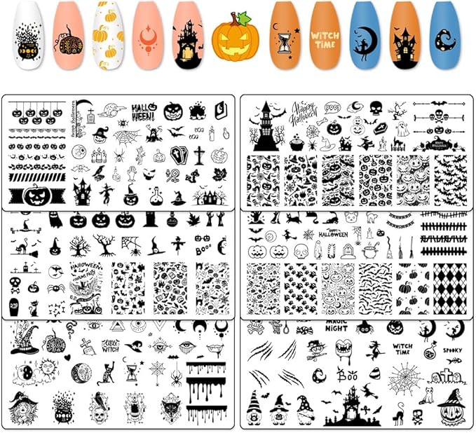 Hying 6pcs Halloween Nail Art Stamping Plates for Women Nail Art, Stainless Steel Jack-o'-Lantern Pumpkin Nail Plates Template Set for Halloween Decoration Spooky Blood Spiderweb Stamp Templates Kit