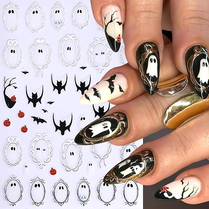 8 Sheets Halloween Nail Art Stickers Cute Ghosts Nail Decals Spooky Black Cat Flower Mirror Ghost Spider Web Design Pumpkin Bat Spider Nails Supplies Flower Ghost Nail Decor for Women DIY Manicure