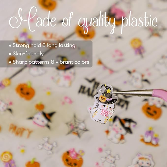 Halloween Nail Stickers for Nail Art - Cute Cat Ghost Nail Art Sticker Halloween 5D Embossed Nail Decals Self-Adhesive Nails Supply Manicure Stickers for Nails Decoration