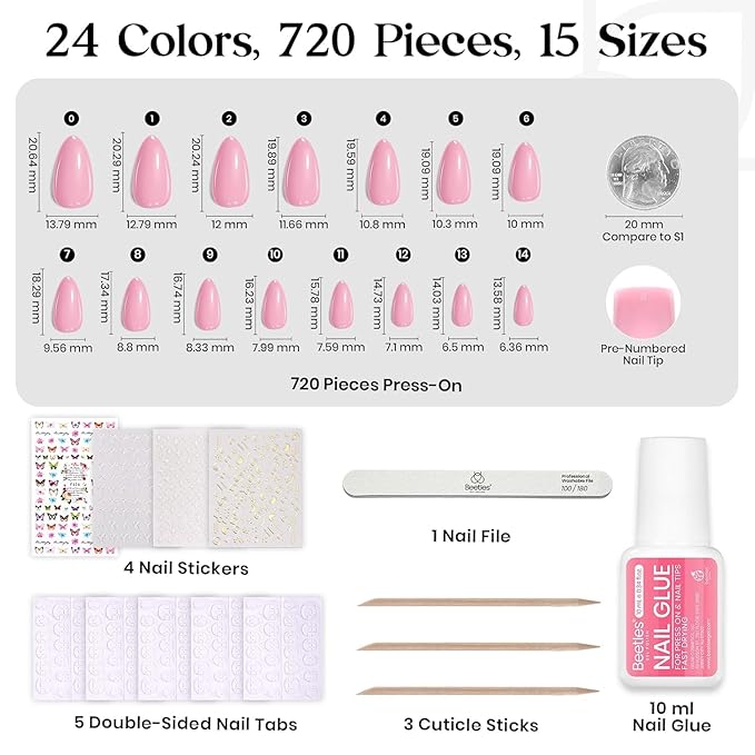 Beetles Press on Nails Kit 720Pcs 24 Colors, Press on Nails Short Almond Glossy Matte Glitter With Nail Glue & Nail Tabs Stickers, Natural Fit Lightweight Fake Nails Kit Art For Women Girls