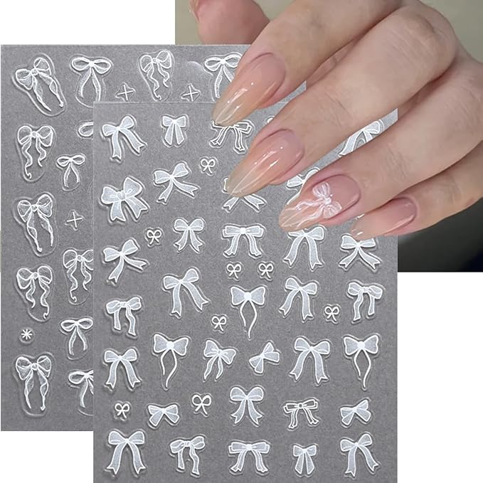 5D Embossed Bow Nails Stickers for Nail Art Self-Adhesive Bow Nail Art Stickers White Silver Pink Bow Ribbon Design Cute Nails Decals for Women Girls Acrylic Manicure Decorations DIY Supplies 3Sheets