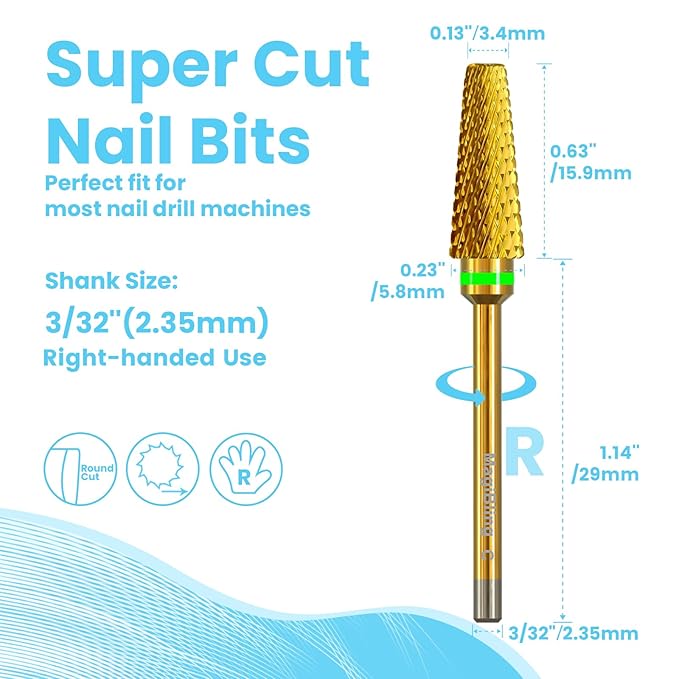 Super Cut 5 In 1 Nail Drill Bits，Tapered 3/32'' Safety Tungsten Bits, Upward Cut for Hard Gel Removal, Right Hand Use, Manicure Cuticle Gel Polishing, Technicians Bits, Gold, Coarse.