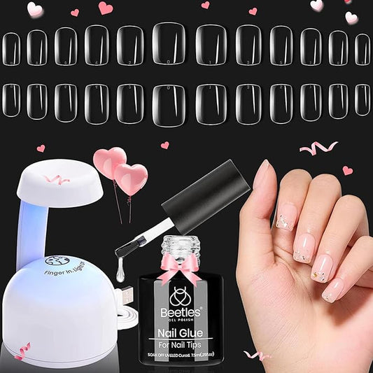 Beetles Gel Nail Tips Kit Square 500Pcs Pre-shaped Extra Short Square Nail Tips with 5 in 1 Mutipurpose Glue Gel Base Uv Led Nail Lamp