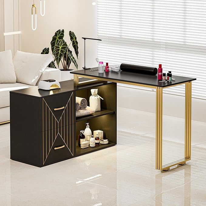 Paddie Manicure Table for Nail Tech with Wrist Cushion, Corner Nail Desk with 2 Drawers and 2 Shelves, Beauty Salon Nail Supplies Decor Station with 16 Colors LED Lights （Black）