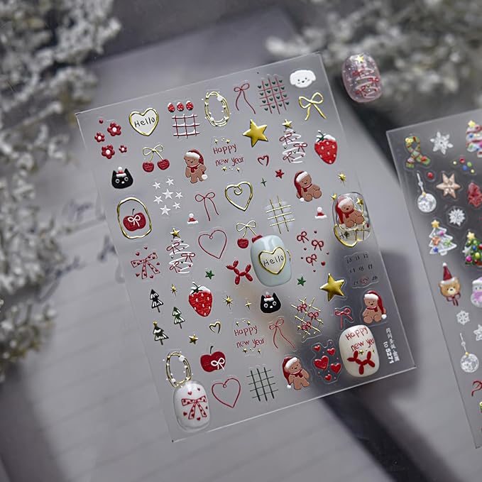 Christmas Nail Stickers 5D Embossed Xmas Nail Decals 1PCS Bear Bow Christmas Tree Star Love Heart Cartoon Self-Adhesive Design Holiday Nail Stickers Manicure Accessories for Women DIY Nail Art Decor