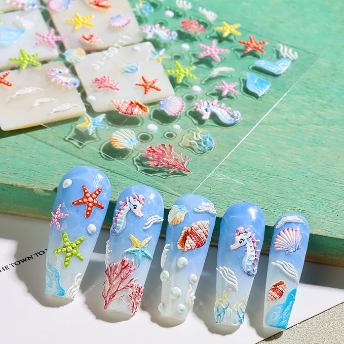 Summer Ocean Nail Stickers, Starfish & Sea Horse Nail Decals, 4 Sheets 5D Embossed Vacation Nail Art
