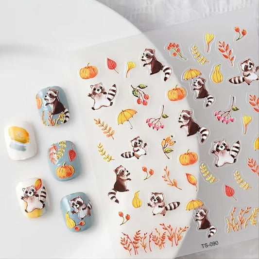Fall Nail Art Stickers Decals Autumn Nail Decals 5D Embossed Raccoon Nails Stickers Maple Leaf Pumpkin Nail Art Supplies Fallen Leaves Animal Nail Decals for Women Thanksgiving Day Manicure Decoration