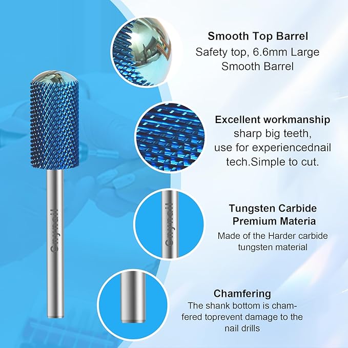 3/32" Large Barrel Smooth Round Top Tungsten Carbide Nail Drill Bit Safety Bit for Gel & Acrylic Removal, 2-Way Rotating Efile Tip, Salon Electric File Accessory (F Grit, Blue)
