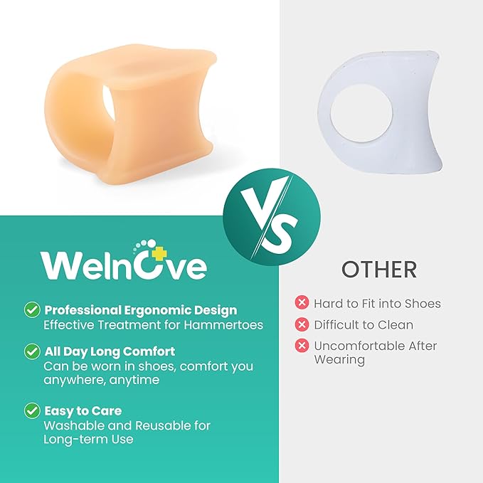 Welnove Hammertoe Corrector - 6 Pack Toe Splints - Soft Gel Toe Straighteners - Realign Bent, Curled, Crooked, Claw, Hammer Toes - Toe Corrector for Men and Women, Medium (Beige), FSA or HSA Eligible