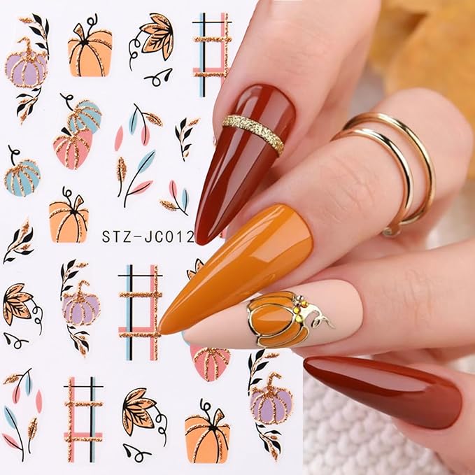 6Pcs Fall Nail Stickers for Nails Art Cute Pumpkin Nail Decals Maple Leaf Nail Art Stickers 3D Self-Adhesive Autumn Leaf Nails Supplies Thanksgiving Manicure Sliders for Women Nails Art Decorations