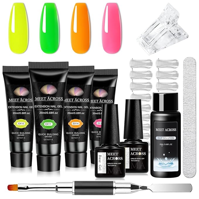 MEET ACROSS Poly Nail Gel 10Pcs Nail Extension Gel Set and Nail Extension Starter Kit for Beginners Nail Art DIY Home Gifts for Women (Neon, 12pcs)