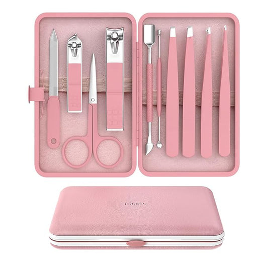 Manicure Set 10 in 1 Stainless Steel Nail Clippers Scissors Tweezers Grooming Kit with Travel Case (Pure Pink)