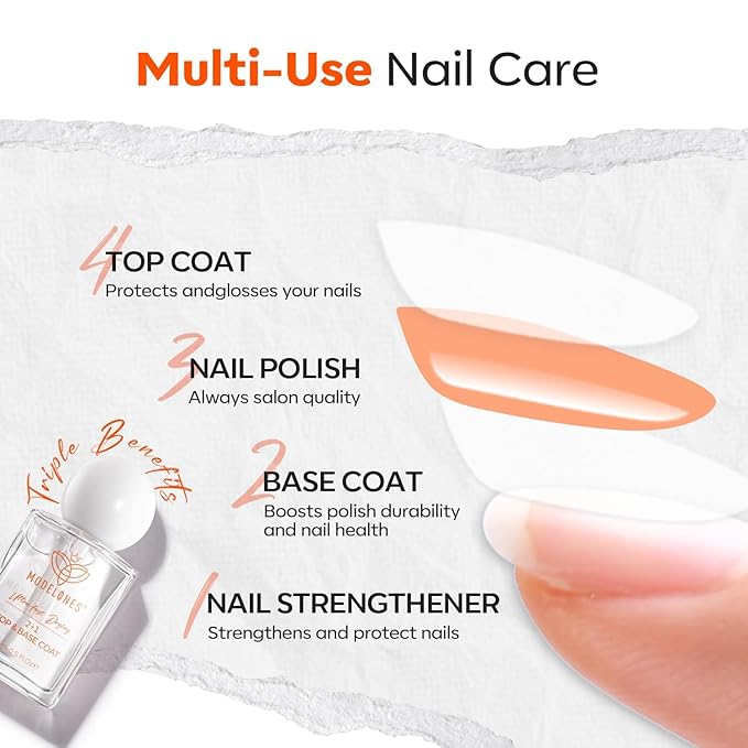 modelones 3-in-One Nail Polish Top Coat and Base Coat, Nail Strengthener, 15 Ml Clear Nail Polish Quick Dry Long Lasting Shine Chip Fade Resistant Nails Protect Care 2025 Gifts for Women
