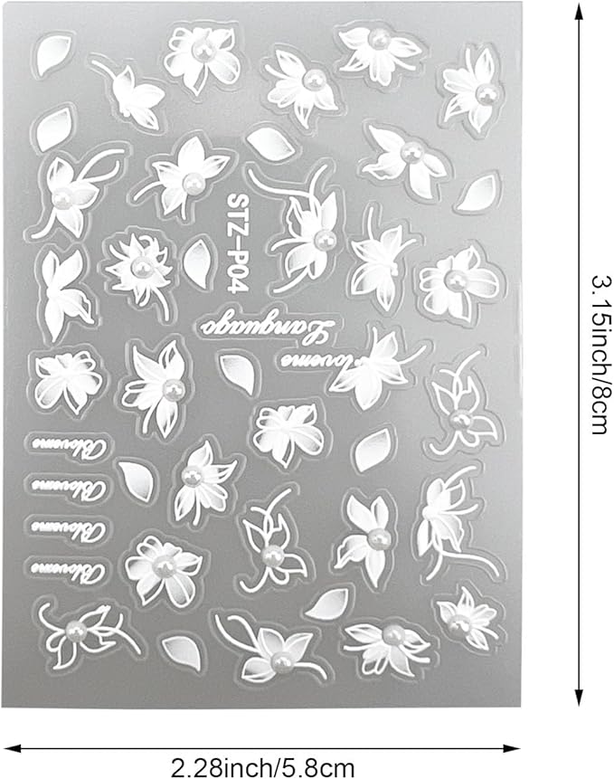 2 Sheets 5D Embossed Flower Nail Stickers, White Floral Self-Adhesive Pearls Nail Art Decals for Women Girls Salon Home DIY Manicure Decoration