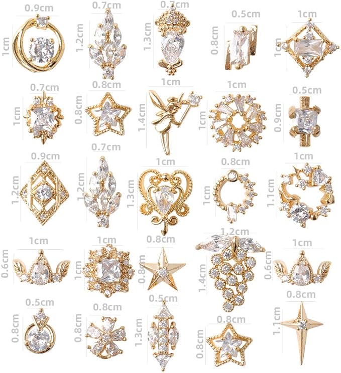 Gold Nail Art Charms Nail Art Metal Luxury White Zircon Rhinestones for Nails Shiny Nail Art Crystal Gems Jewelry Nail Diamond Rhinestone Charms for Girls Woman DIY Nail Art Decoration(22pieces)