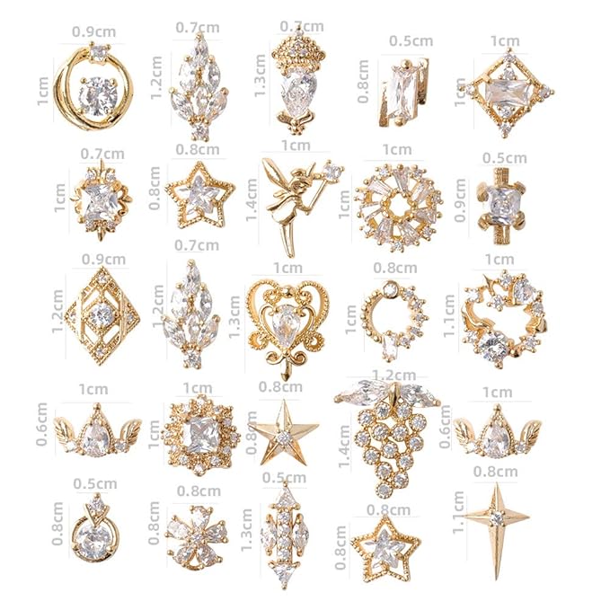 HNUIX Nail Charms and Gems - Gold Copper Zircon, Multiple Shapes, Metal Jewelry Rhinestones Charms, 22Piece