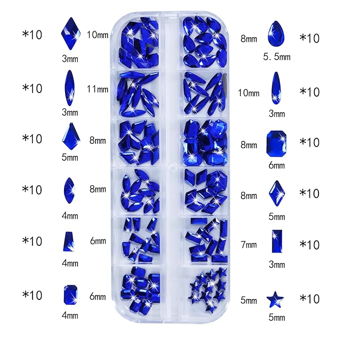 HNUIX Nail Rhinestones - 3D Multi Shape Size, Blue Nail Gems, Flat Back, with Kit, for Nail Art, DIY Decorations