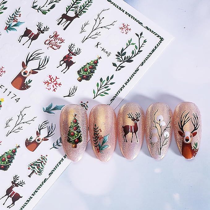 Christmas Nail Art Stickers Decals 3D Self-Adhesive Christmas Nail Stickers Nail Art Supplies 8PCS Elk Holly Santa Claus Green Leaf Snowy Tree Xmas Manicure Sliders for Winter Holiday Nail Decorations