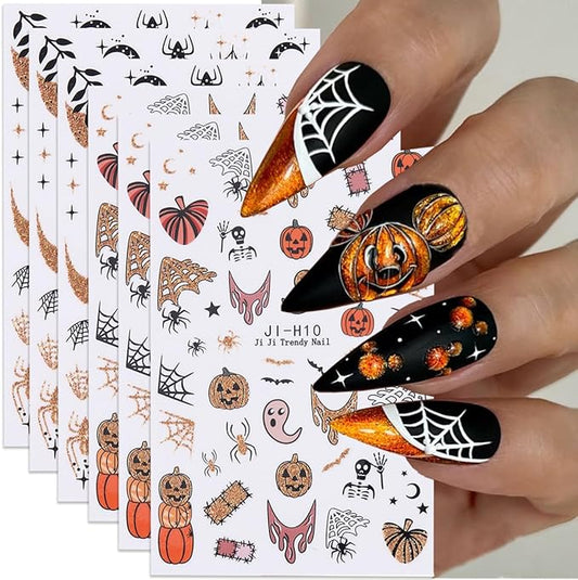Halloween Nail Art Stickers Glitter Pumpkin Spider Web Nail Decals 3PCS Ghost Spider Gold French Tip 3D Self-Adhesive Design Halloween Nail Stickers Nail Art Supplies for Women DIY Manicure Decoration