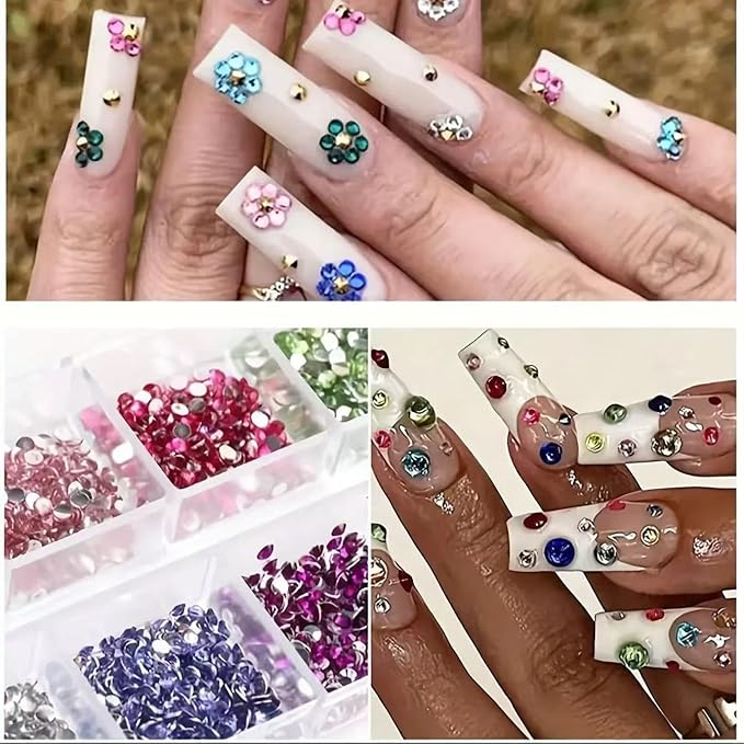 24Grid Shiny Colorful Nail Art Rhinestones 3D Flatback Rhinestones Pearl Nail Charms and Crystals Gems Nail Accessories for Acrylic Nail Tips Manicure Decor