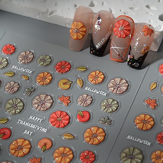1 Sheets Fall Nail Stickers for Nail Art 5D Self-Adhesive Pumpkin Nail Art Stickers Embossed Maple Leaf Nail Decals Thanksgiving Cute Pumpkin Autumn Leaves Nail Design Sticker for Women DIY Manicure
