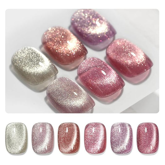 GAOY Glitter Cat Eye Gel Nail Polish Set with Magnet Pink Galaxy for Holographic Cat Eye, Salon Gel Manicure and Nail Art DIY at Home