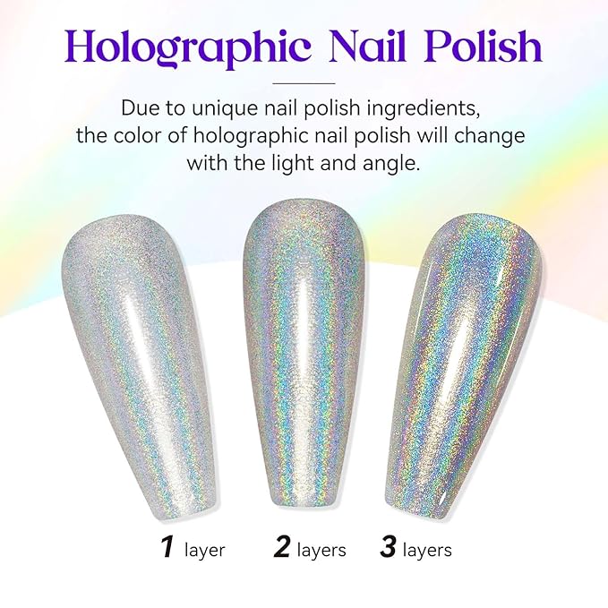 MIZHSE Holographic Nail Polish, Silver Glitter Nail Polish Air Dry Fast, 15 ml 0.5 fl oz High Glossy Shiny Nail Pigment Oil-based Laser Iridescent Nail Lacquer Chrome Halo Nail Art Salon Manicure Home