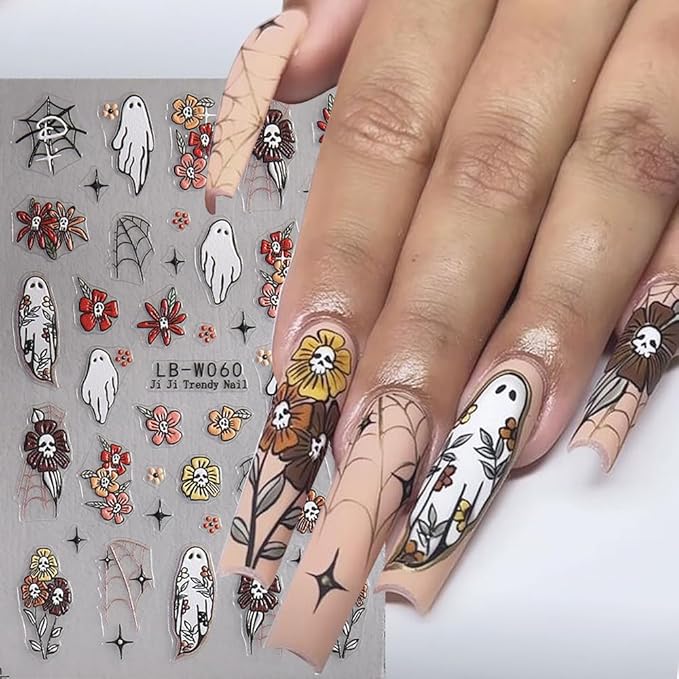 4 Sheets Halloween Nail Art Stickers 3D Self-Adhesive Goth Nail Stickers Flower Skull Ghost Designs Skeleton Nail Decals Nail Art Supplies for Women Acrylic DIY Halloween Holiday Nail Decoration DIY