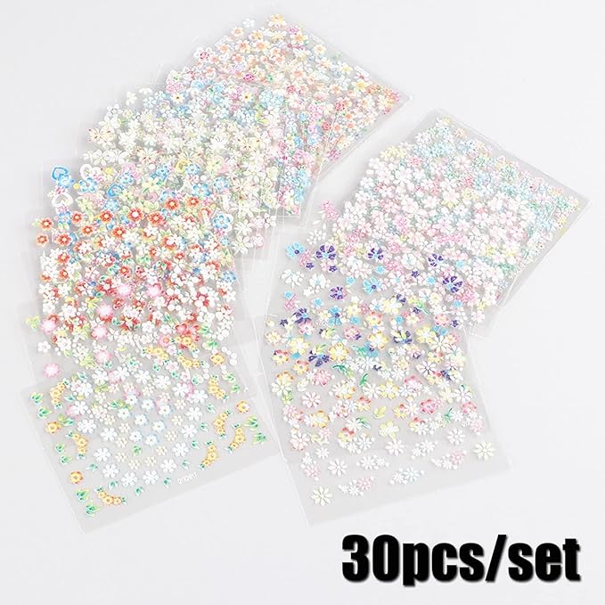30 Sheets Flower Nail Art Stickers Decals Floral Rose Daisy Cherry Blossoms 3D Self-Adhesive Nail Sticker Spring Summer Colorful Flower Nail Art Decoration Supplies for Women Manicure DIY Accessories