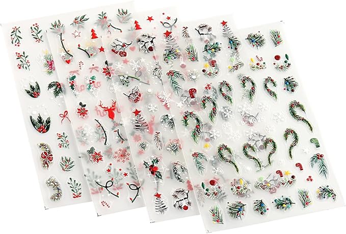 4Pcs Christmas Nail Art Stickers 5D Embossed Nail Decals Winter Christmas Tree Elk Snowflake Nail Art Design Self Adhesive Nail Supplies for Women DIY New Year Xmas Holiday Nail Decoration Accessories